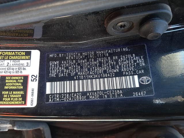 Photo 9 VIN: 4T1B11HK3KU198422 - TOYOTA CAMRY L 