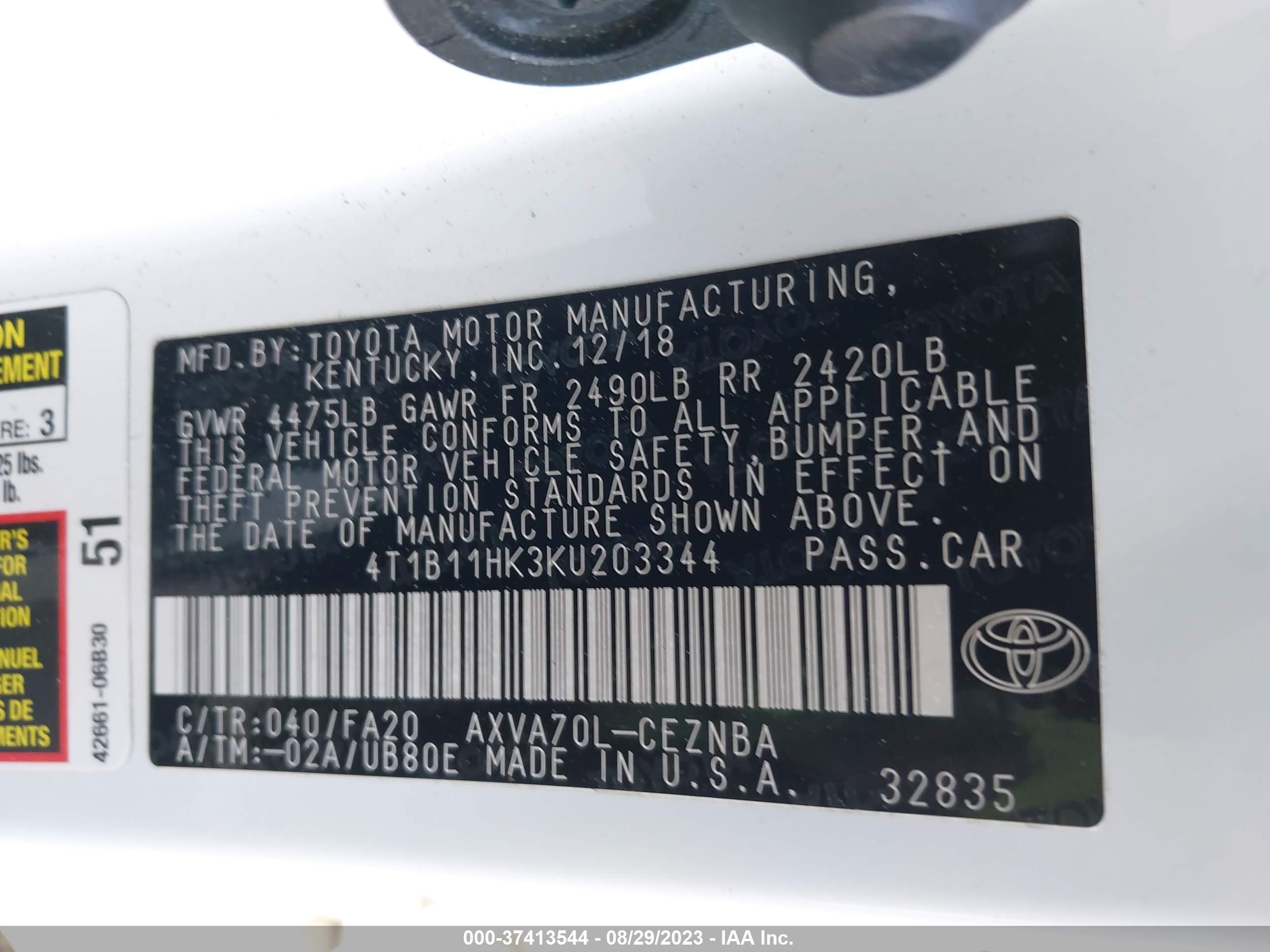 Photo 8 VIN: 4T1B11HK3KU203344 - TOYOTA CAMRY 