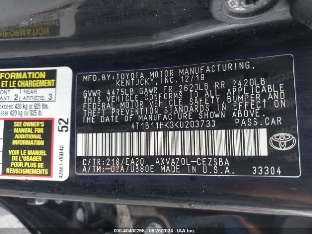 Photo 8 VIN: 4T1B11HK3KU203733 - TOYOTA CAMRY 