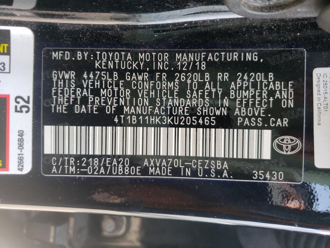 Photo 9 VIN: 4T1B11HK3KU205465 - TOYOTA CAMRY L 