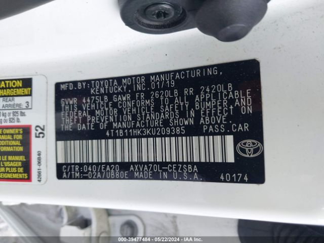 Photo 8 VIN: 4T1B11HK3KU209385 - TOYOTA CAMRY 