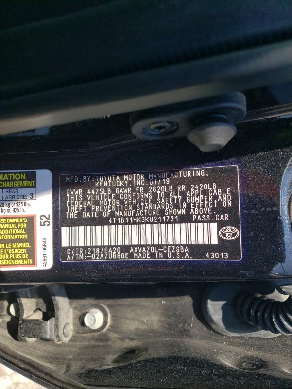 Photo 9 VIN: 4T1B11HK3KU211721 - TOYOTA CAMRY L 