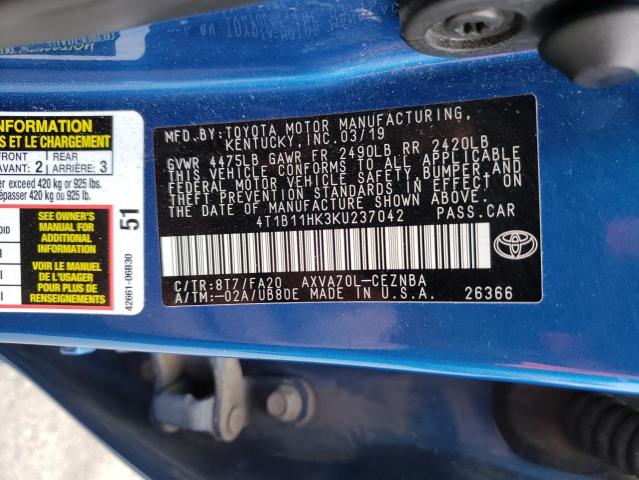 Photo 9 VIN: 4T1B11HK3KU237042 - TOYOTA CAMRY L 