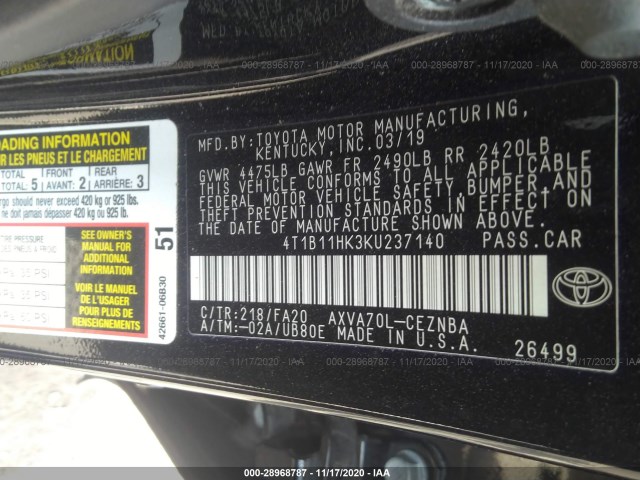 Photo 8 VIN: 4T1B11HK3KU237140 - TOYOTA CAMRY 