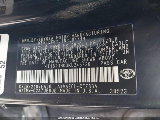 Photo 8 VIN: 4T1B11HK3KU245738 - TOYOTA CAMRY 