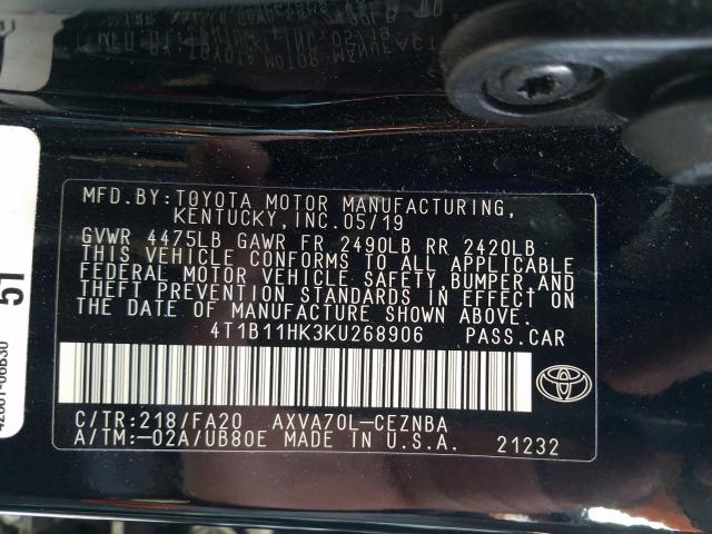 Photo 9 VIN: 4T1B11HK3KU268906 - TOYOTA CAMRY L 