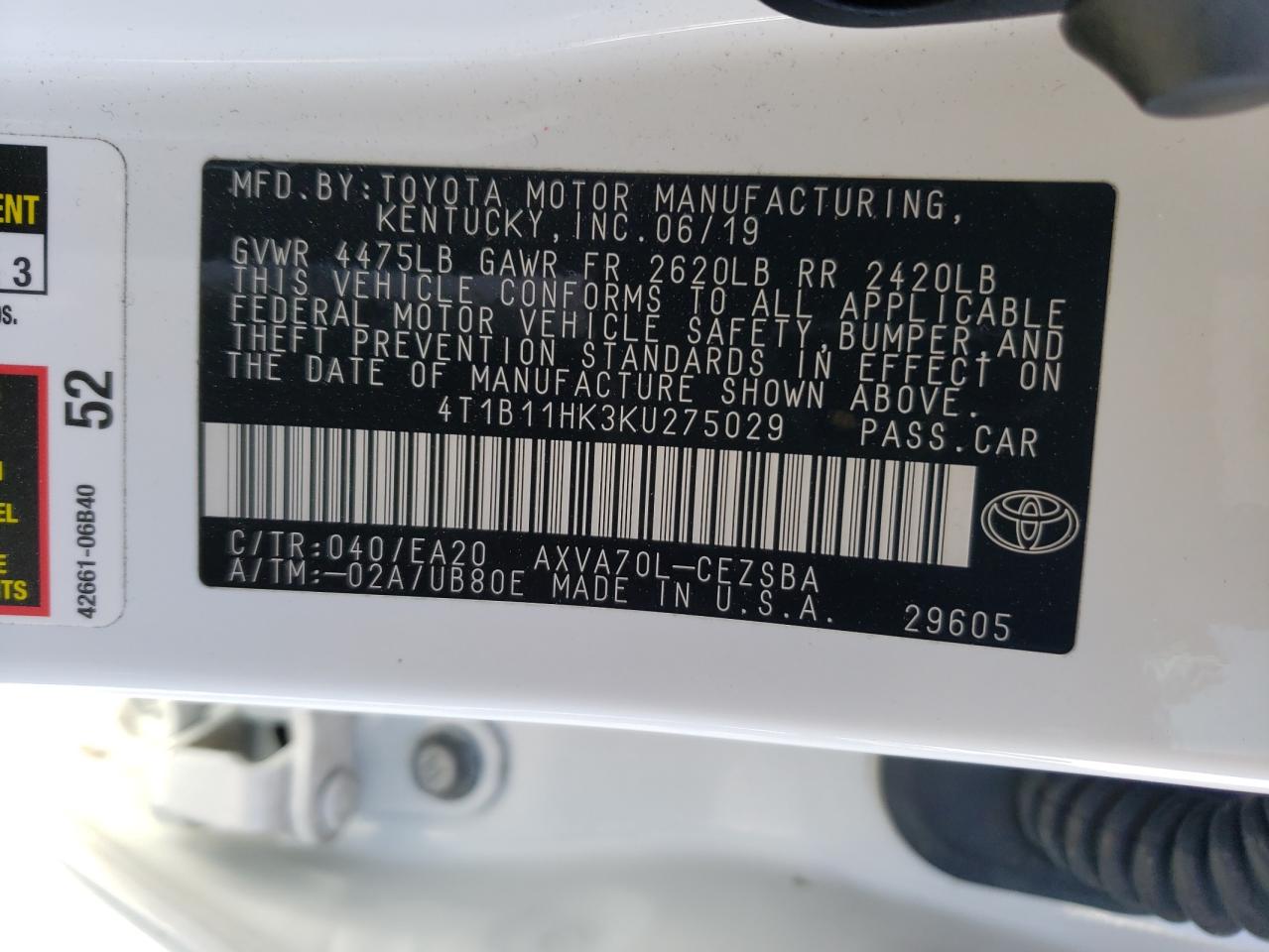 Photo 11 VIN: 4T1B11HK3KU275029 - TOYOTA CAMRY 