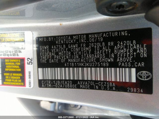 Photo 8 VIN: 4T1B11HK3KU275189 - TOYOTA CAMRY 