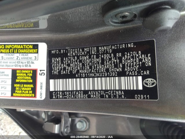 Photo 8 VIN: 4T1B11HK3KU291392 - TOYOTA CAMRY 