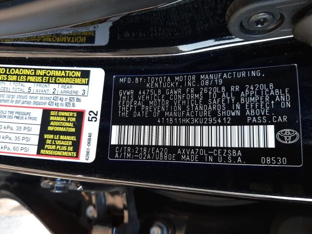 Photo 9 VIN: 4T1B11HK3KU295412 - TOYOTA CAMRY L 