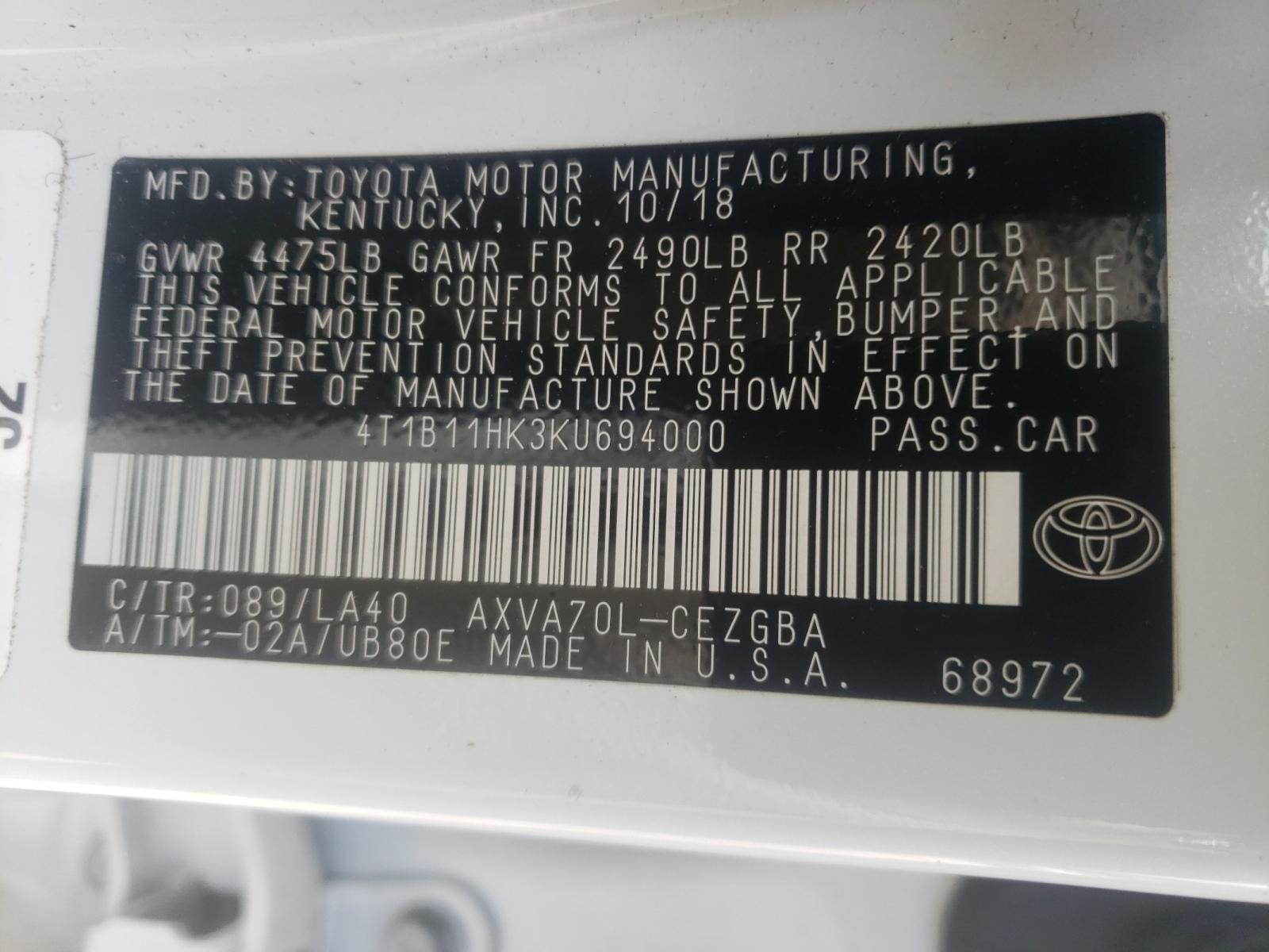 Photo 9 VIN: 4T1B11HK3KU694000 - TOYOTA CAMRY L 