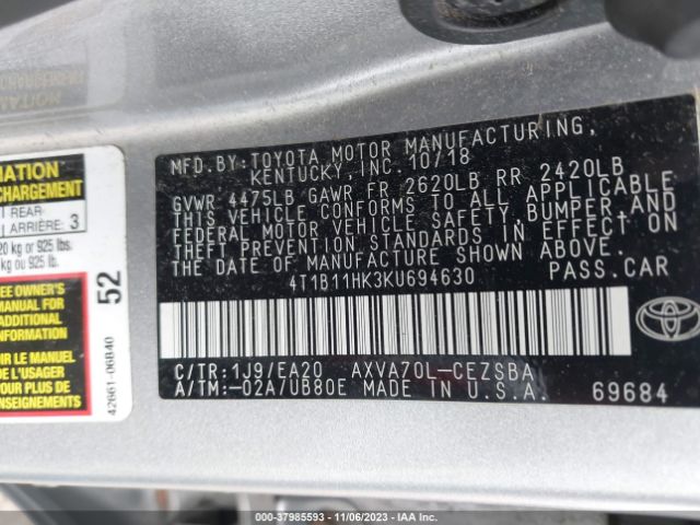 Photo 8 VIN: 4T1B11HK3KU694630 - TOYOTA CAMRY 