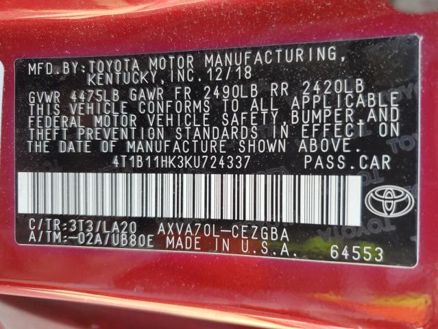 Photo 12 VIN: 4T1B11HK3KU724337 - TOYOTA CAMRY L 