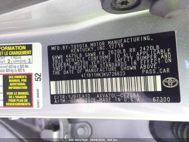 Photo 8 VIN: 4T1B11HK3KU726623 - TOYOTA CAMRY 