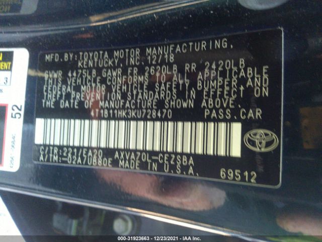 Photo 8 VIN: 4T1B11HK3KU728470 - TOYOTA CAMRY 