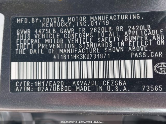 Photo 8 VIN: 4T1B11HK3KU731871 - TOYOTA CAMRY 