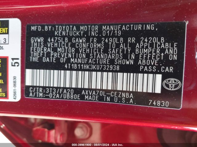 Photo 8 VIN: 4T1B11HK3KU732938 - TOYOTA CAMRY 