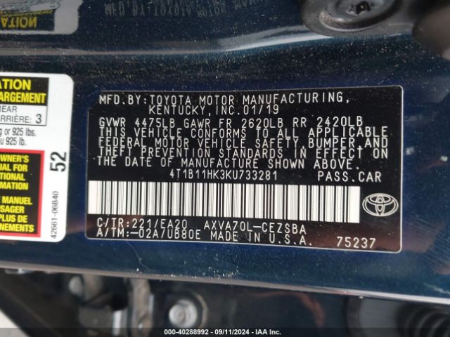 Photo 8 VIN: 4T1B11HK3KU733281 - TOYOTA CAMRY 