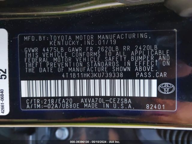 Photo 8 VIN: 4T1B11HK3KU739338 - TOYOTA CAMRY 