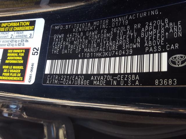 Photo 9 VIN: 4T1B11HK3KU740439 - TOYOTA CAMRY L 