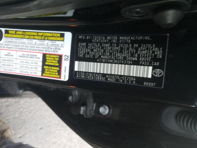 Photo 9 VIN: 4T1B11HK3KU743194 - TOYOTA CAMRY L 