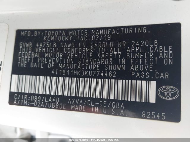 Photo 8 VIN: 4T1B11HK3KU774462 - TOYOTA CAMRY 