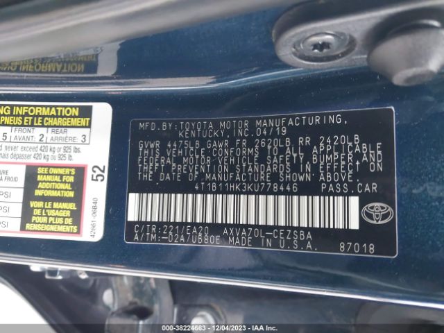 Photo 8 VIN: 4T1B11HK3KU778446 - TOYOTA CAMRY 