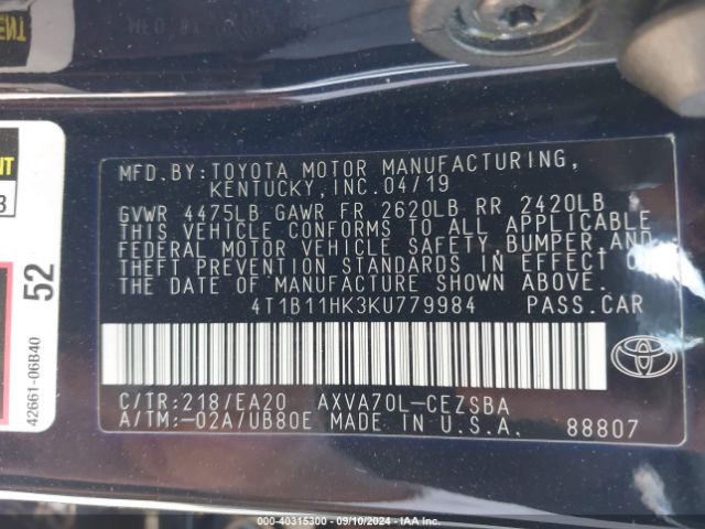 Photo 8 VIN: 4T1B11HK3KU779984 - TOYOTA CAMRY 