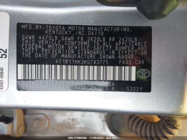 Photo 8 VIN: 4T1B11HK3KU783775 - TOYOTA CAMRY 