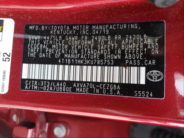 Photo 9 VIN: 4T1B11HK3KU785753 - TOYOTA CAMRY L 