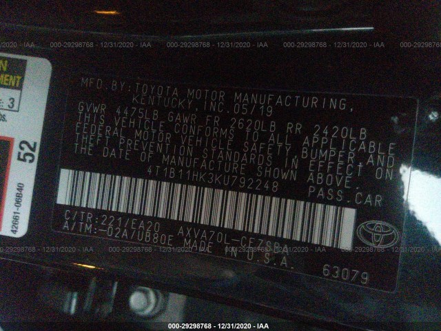 Photo 8 VIN: 4T1B11HK3KU792248 - TOYOTA CAMRY 