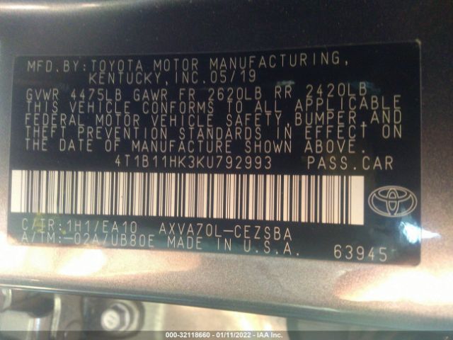 Photo 8 VIN: 4T1B11HK3KU792993 - TOYOTA CAMRY 