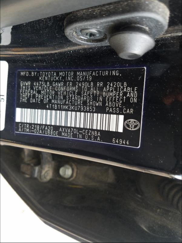 Photo 9 VIN: 4T1B11HK3KU793853 - TOYOTA CAMRY L 