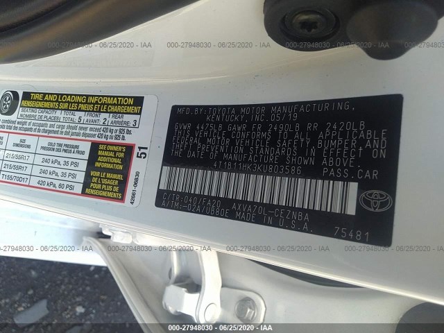 Photo 8 VIN: 4T1B11HK3KU803586 - TOYOTA CAMRY 