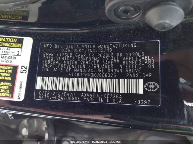 Photo 8 VIN: 4T1B11HK3KU806326 - TOYOTA CAMRY 