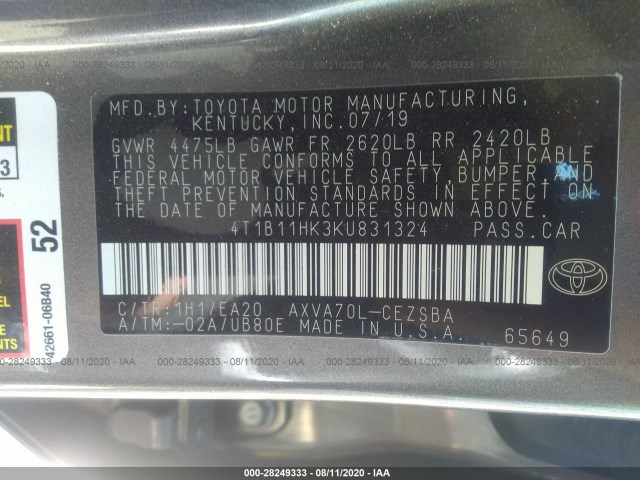 Photo 8 VIN: 4T1B11HK3KU831324 - TOYOTA CAMRY 