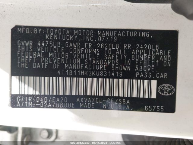 Photo 8 VIN: 4T1B11HK3KU831419 - TOYOTA CAMRY 