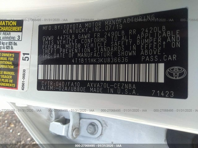 Photo 8 VIN: 4T1B11HK3KU836636 - TOYOTA CAMRY 