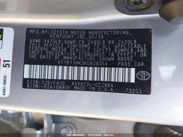 Photo 8 VIN: 4T1B11HK3KU838354 - TOYOTA CAMRY 