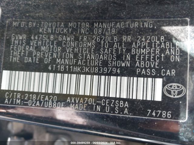 Photo 8 VIN: 4T1B11HK3KU839794 - TOYOTA CAMRY 