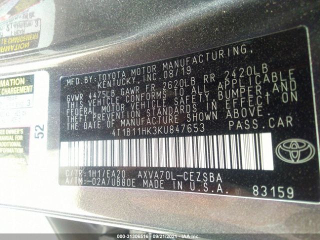 Photo 8 VIN: 4T1B11HK3KU847653 - TOYOTA CAMRY 