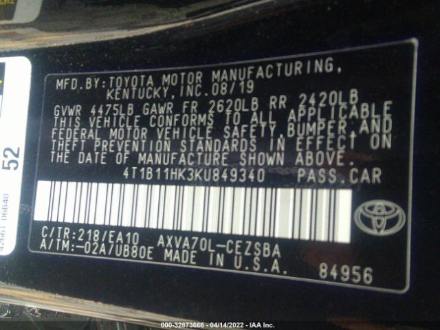 Photo 8 VIN: 4T1B11HK3KU849340 - TOYOTA CAMRY 