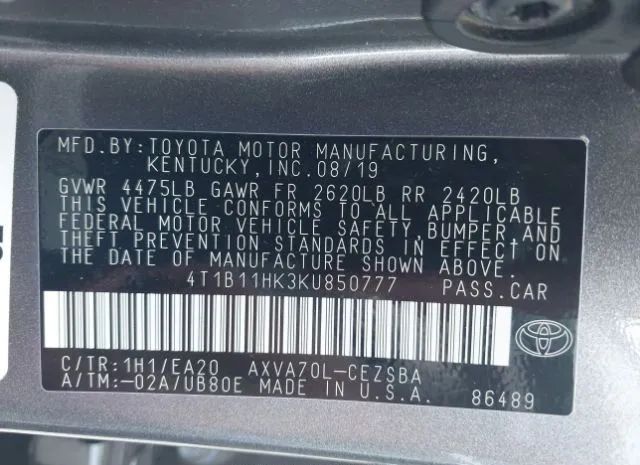 Photo 8 VIN: 4T1B11HK3KU850777 - TOYOTA CAMRY 