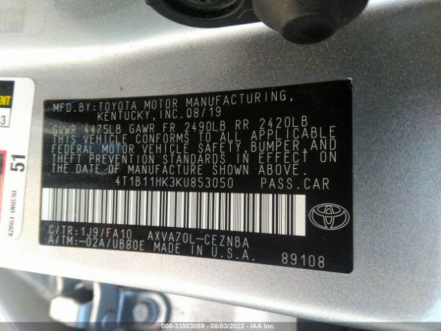 Photo 8 VIN: 4T1B11HK3KU853050 - TOYOTA CAMRY 