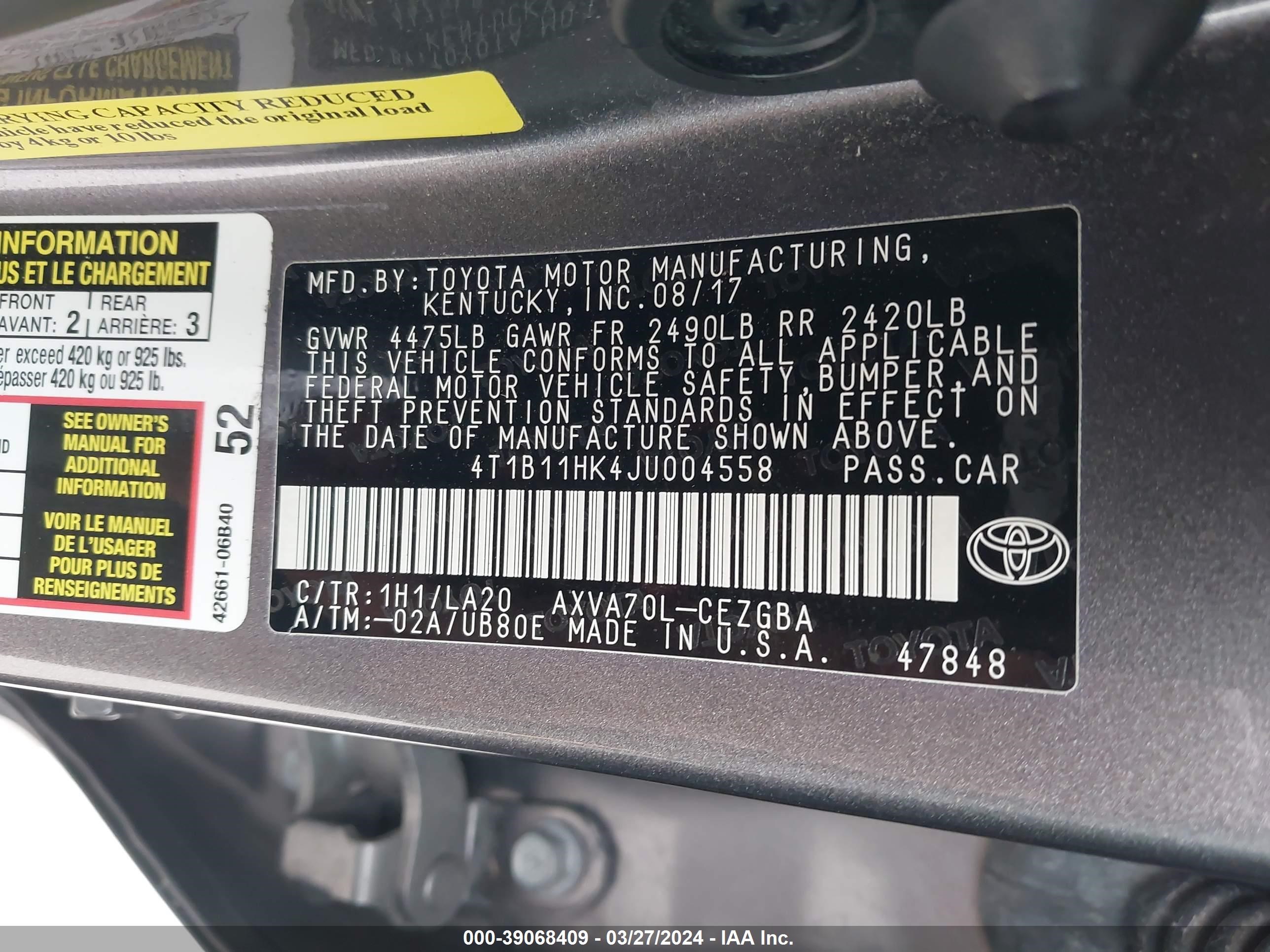 Photo 8 VIN: 4T1B11HK4JU004558 - TOYOTA CAMRY 