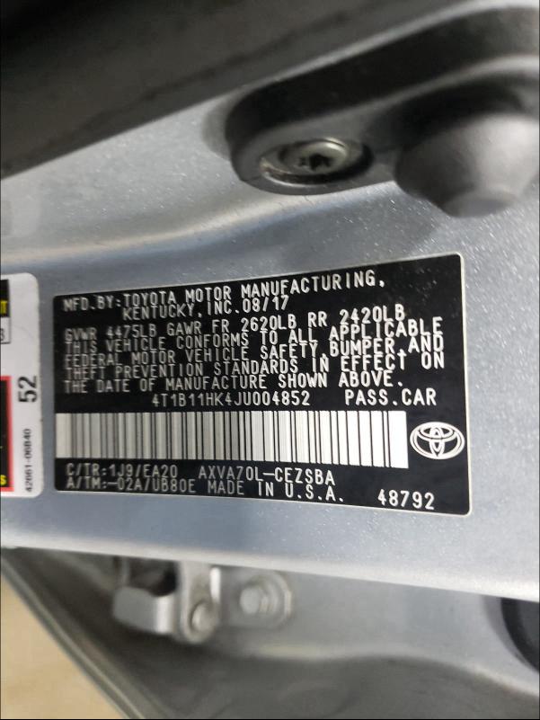 Photo 9 VIN: 4T1B11HK4JU004852 - TOYOTA CAMRY L 