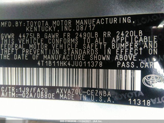 Photo 8 VIN: 4T1B11HK4JU011378 - TOYOTA CAMRY 