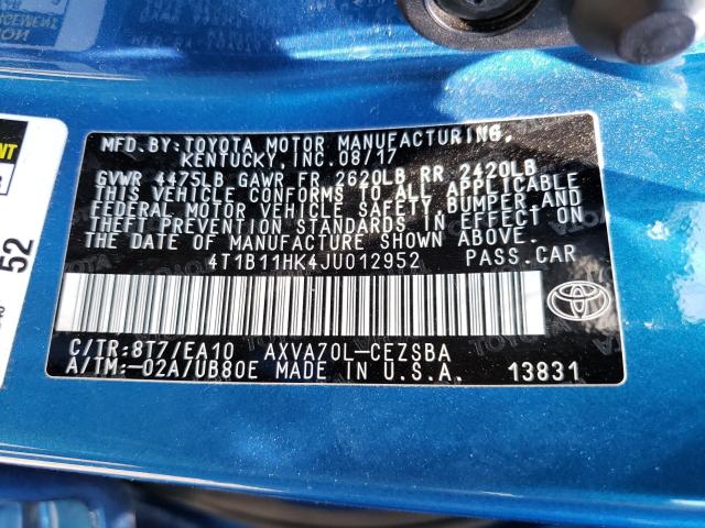 Photo 9 VIN: 4T1B11HK4JU012952 - TOYOTA CAMRY L 