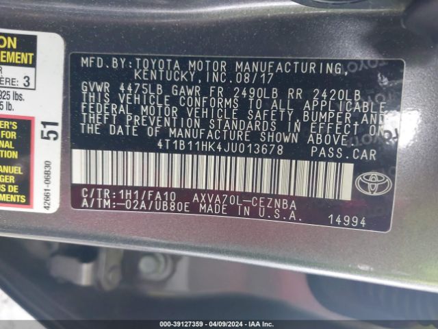 Photo 8 VIN: 4T1B11HK4JU013678 - TOYOTA CAMRY 