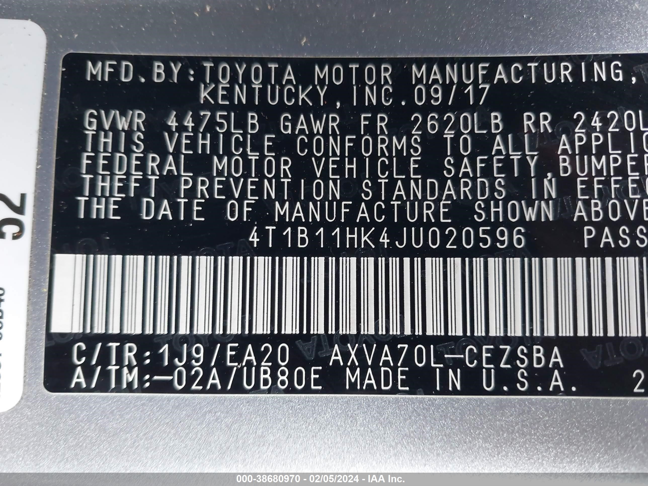 Photo 8 VIN: 4T1B11HK4JU020596 - TOYOTA CAMRY 